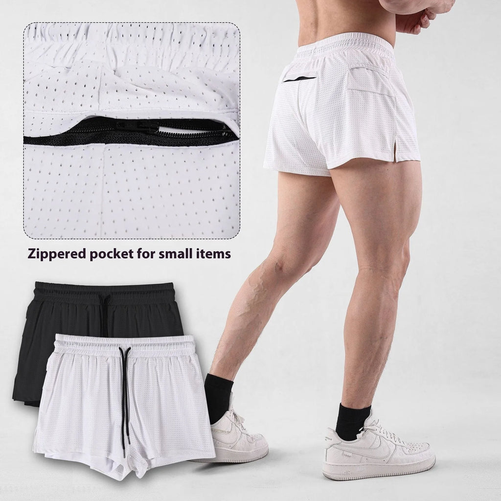 A pair of men's nylon summer shorts in black, showing the mid-waist design and short length for sports.