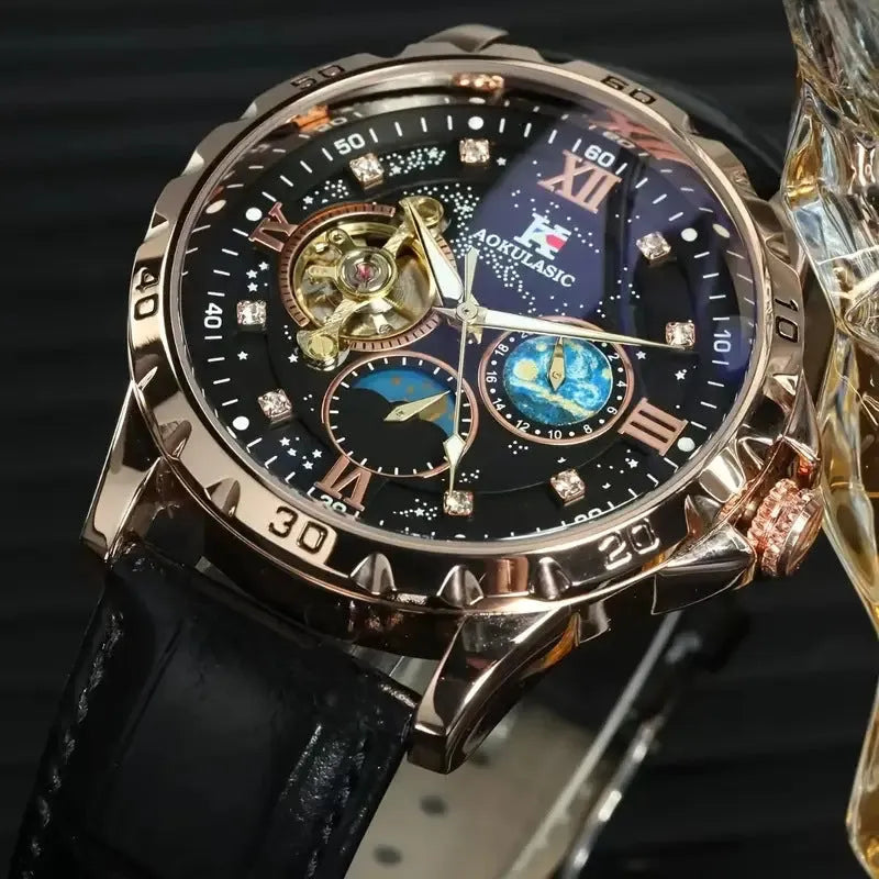 Men's automatic mechanical watch with black hollow dial and rose gold case on a leather strap.