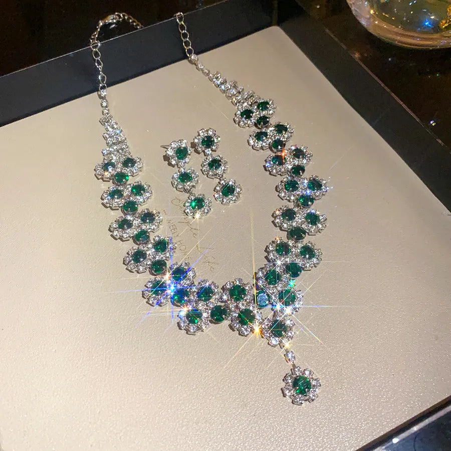 Diamond flower multi-layer pendant necklace and earrings set in silver colour on copper base