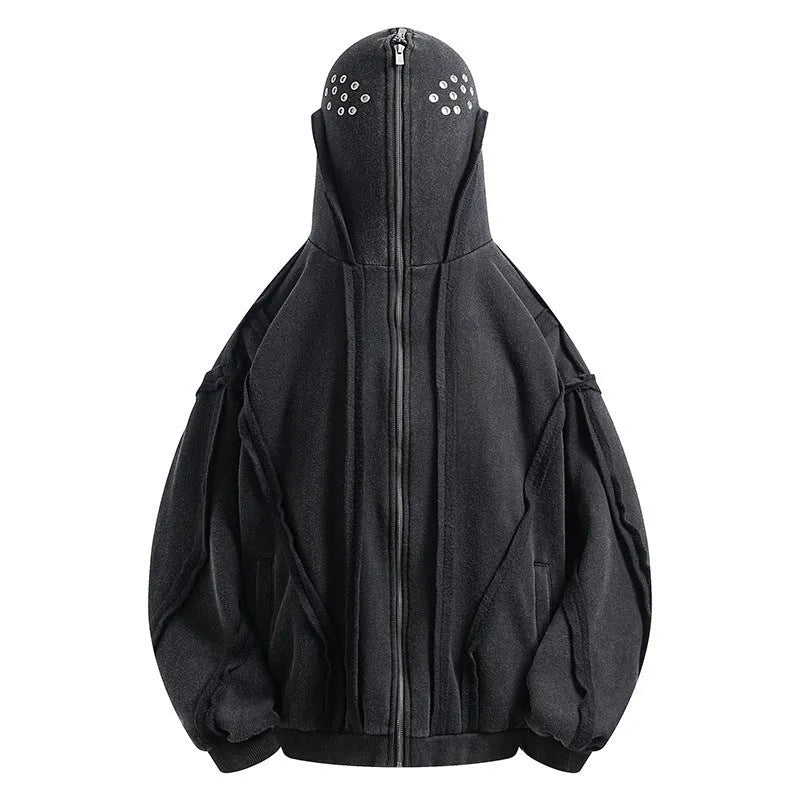 Black men's zip-up hooded cardigan with abstract pattern and padded filling