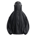 Black men's zip-up hooded cardigan with abstract pattern and padded filling