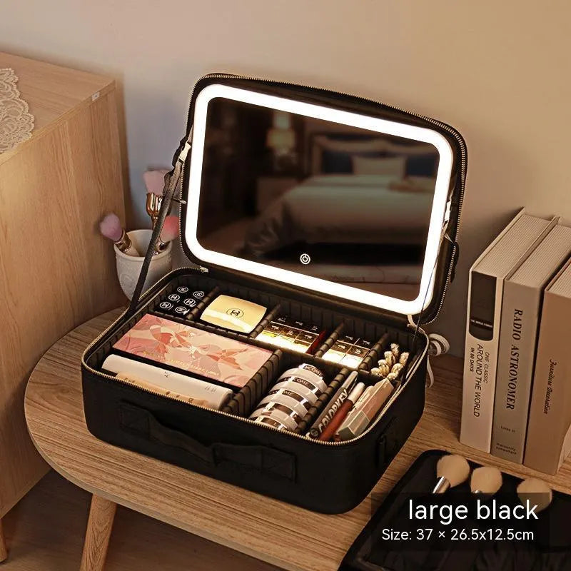 LED light cosmetic bag with full screen mirror on top, PU leather skin care storage box in light pink, two sizes available