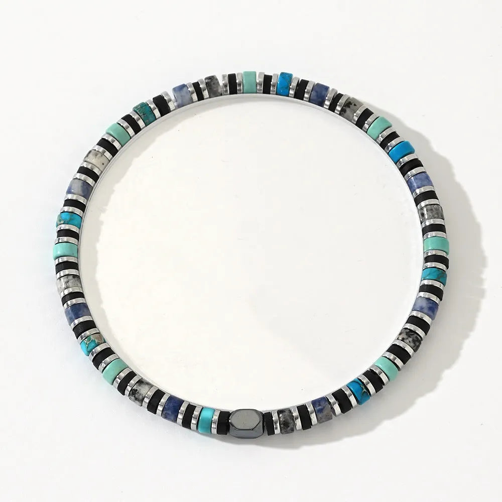 Bohemian cylindrical bracelet with hand-woven semi-precious stones in geometric design