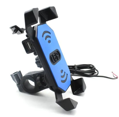 Black ABS motorcycle phone holder mounted on handlebar with adjustable arms and USB charging port