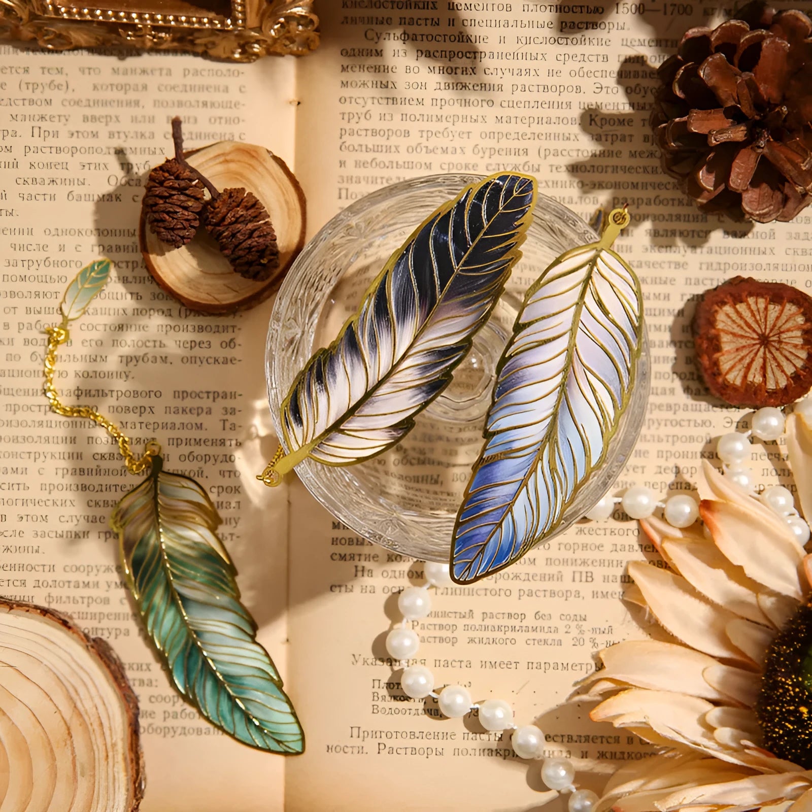 Classical Chinese style metal feather bookmark in Aurora colour with decorative feather shape