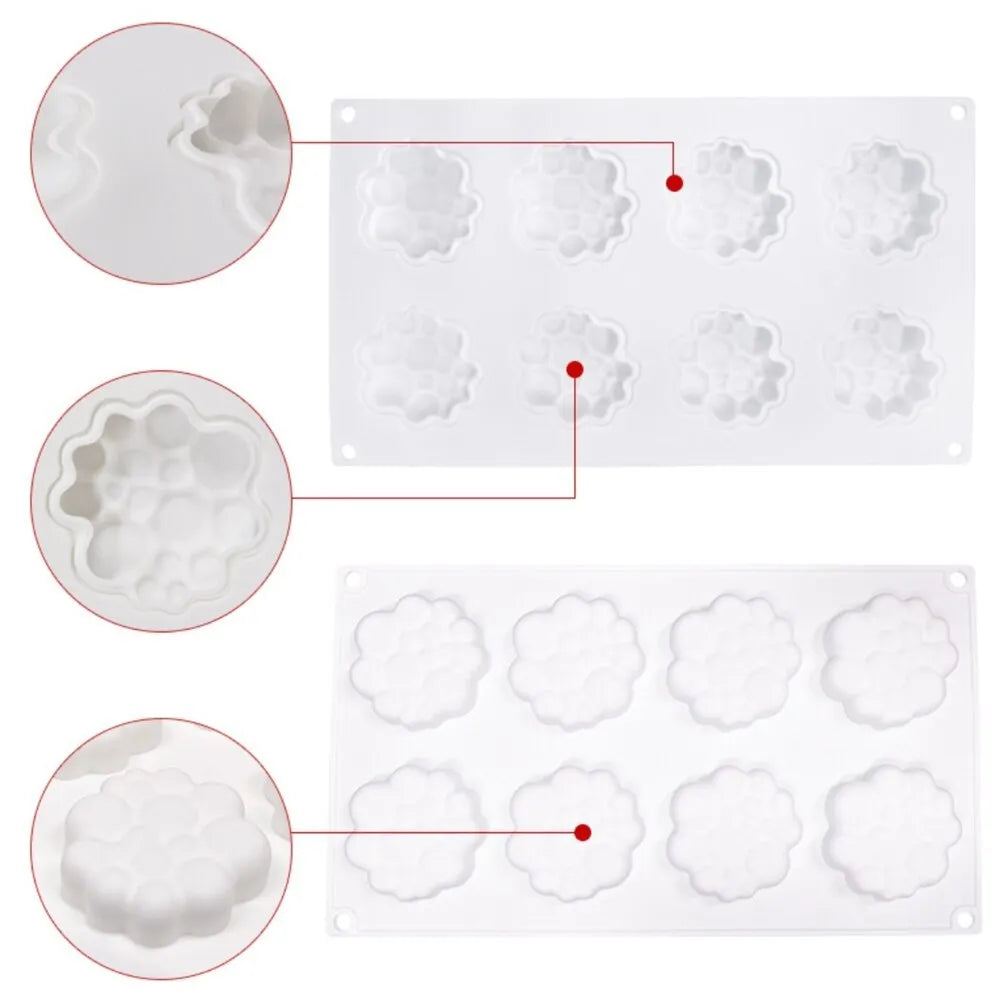 Round silicone cake mould with 8 bubble pattern design for baking and dessert preparation