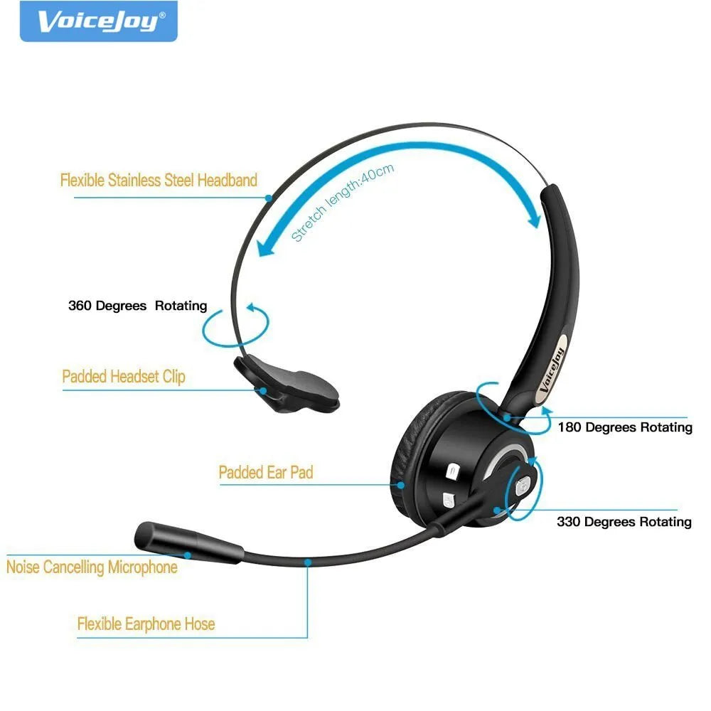 Bluetooth headset with microphone designed for truck drivers and office use with noise cancellation technology