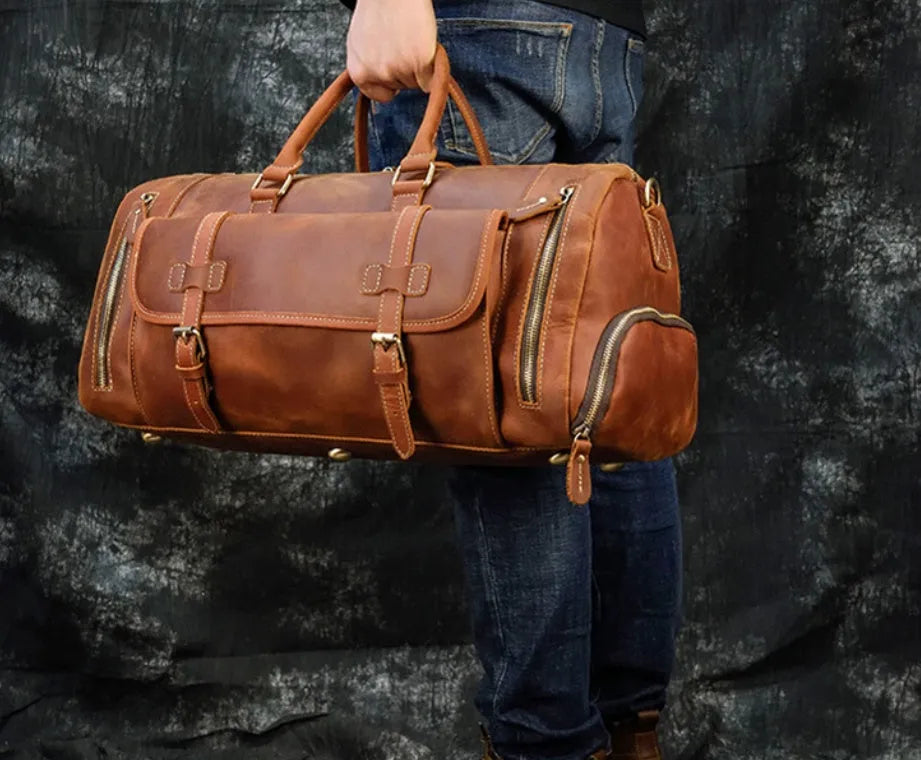 Retro crazy horse leather travel bag 22 inch 36-55L first layer cowhide in red brown or dark brown