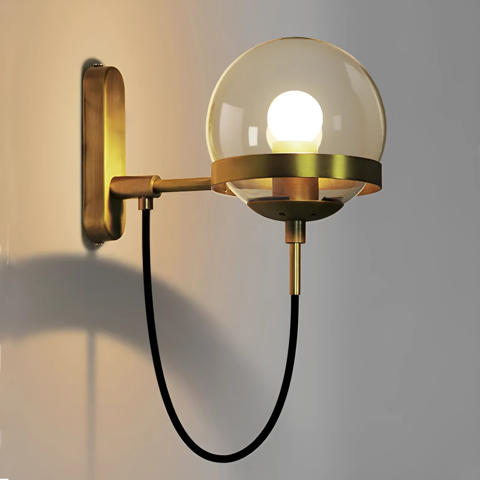 Modern retro wall lamp with glass shade in Nordic postmodern style, black finish, push button switch
