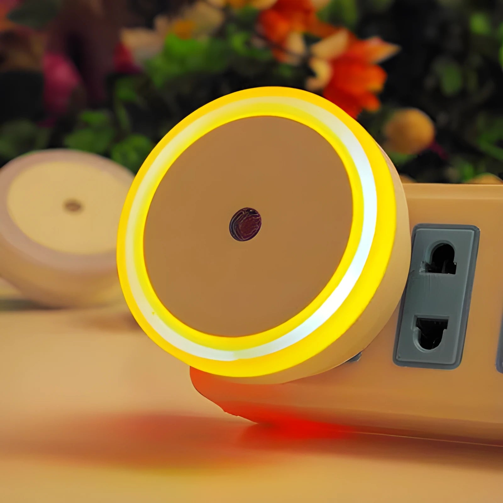 Round halo-shaped LED induction nightlight in blue, showing 18 small LED beads around its ring.