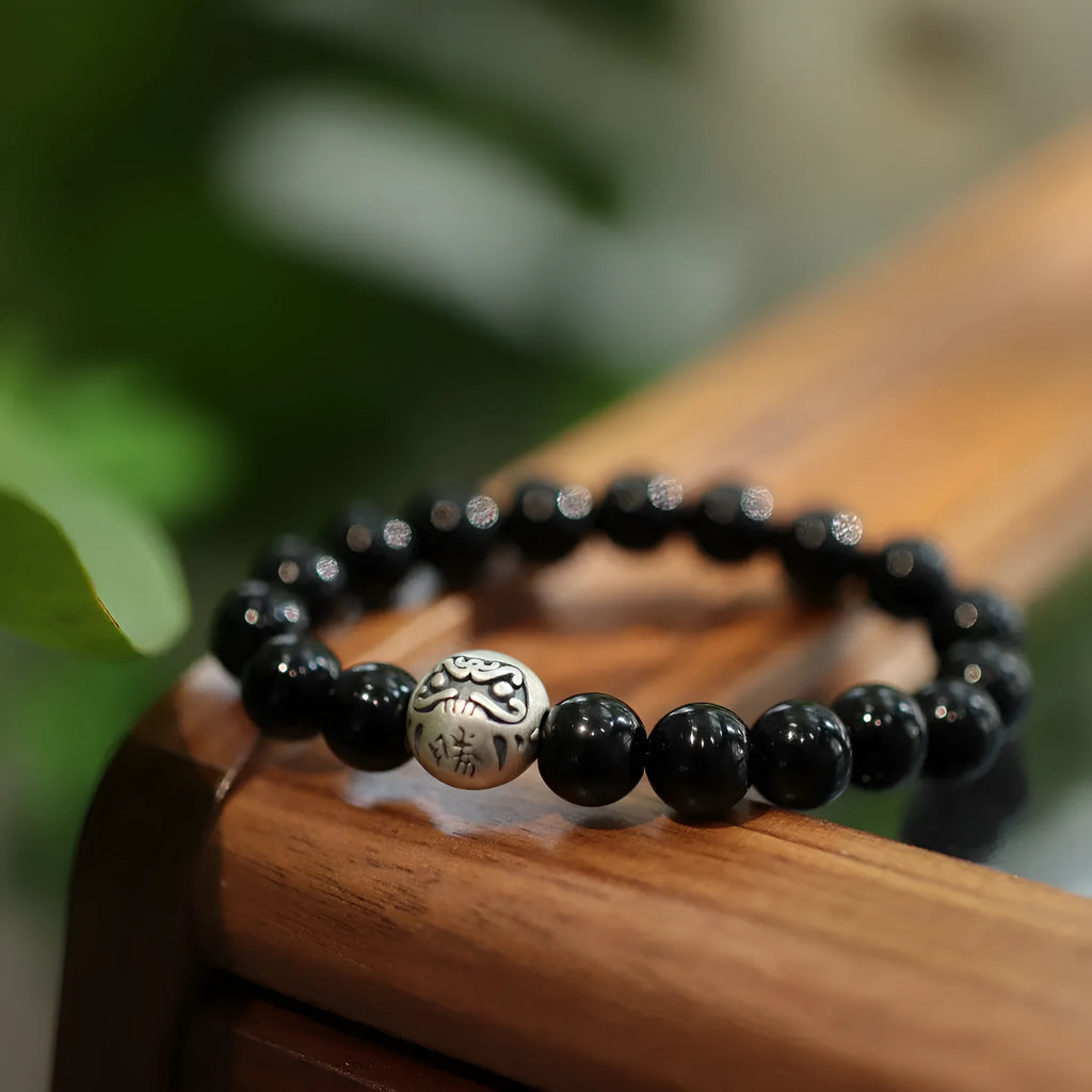 Black agate bracelet with 10mm beads and sterling silver clasp in Chinese style design