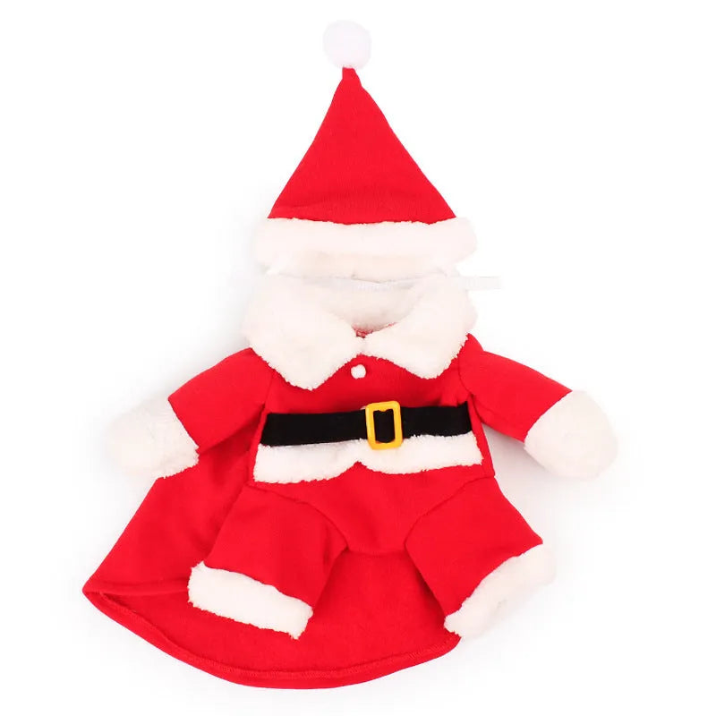Red polar fleece Santa Claus costume for a small dog standing on a festive background.