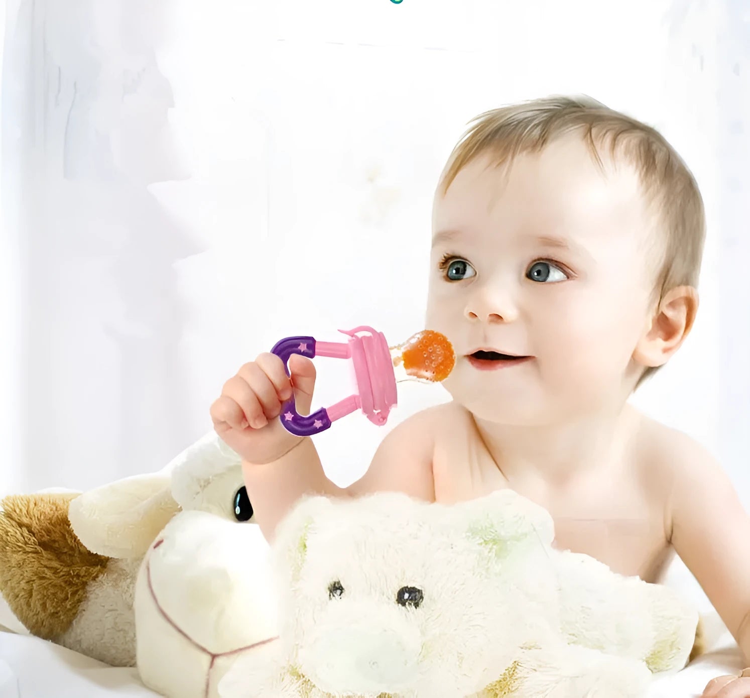 New baby silicone pacifier encapsulated food feeder in size M with blue silicone nipple