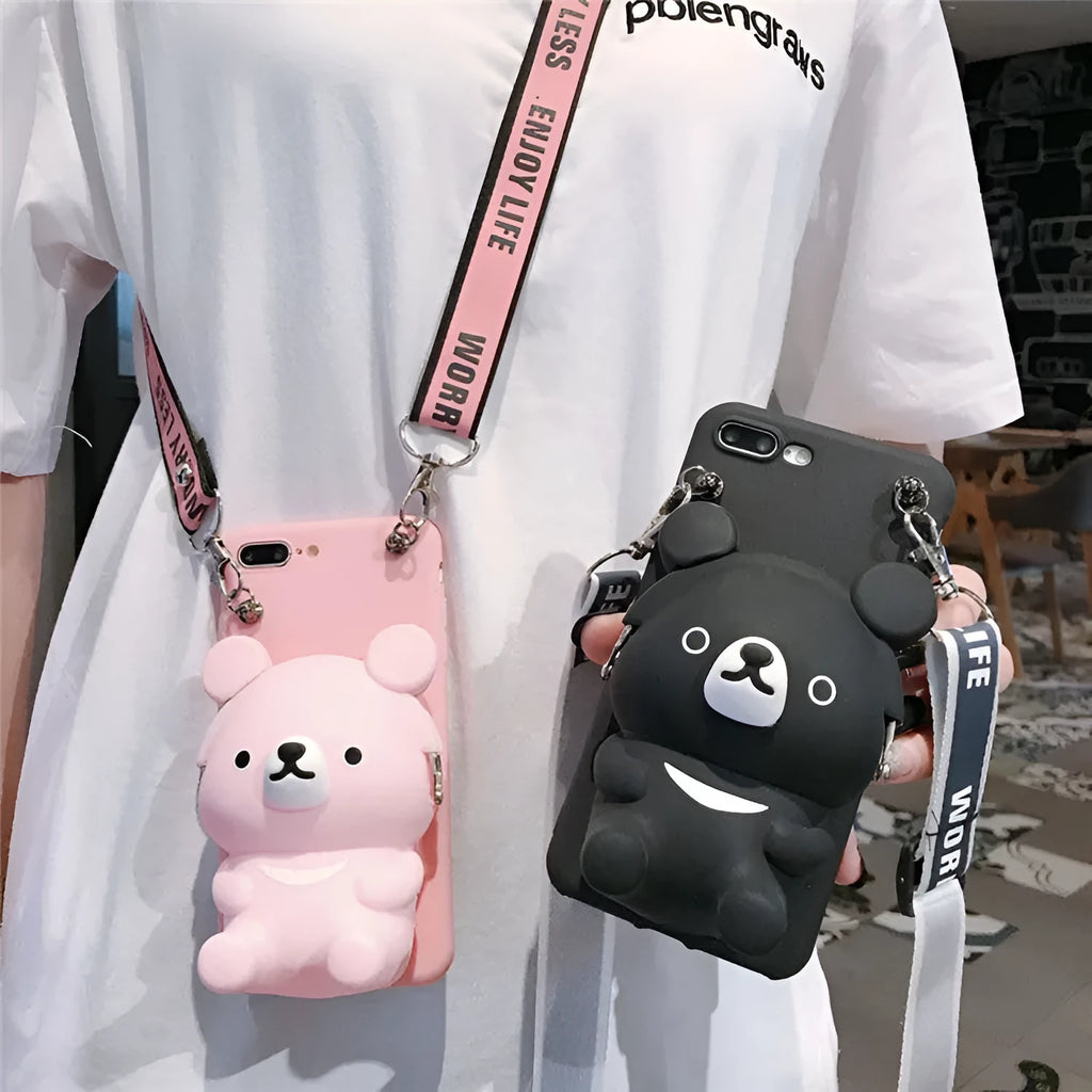 Cute bear coin purse phone case with lanyard in Black for iPhone