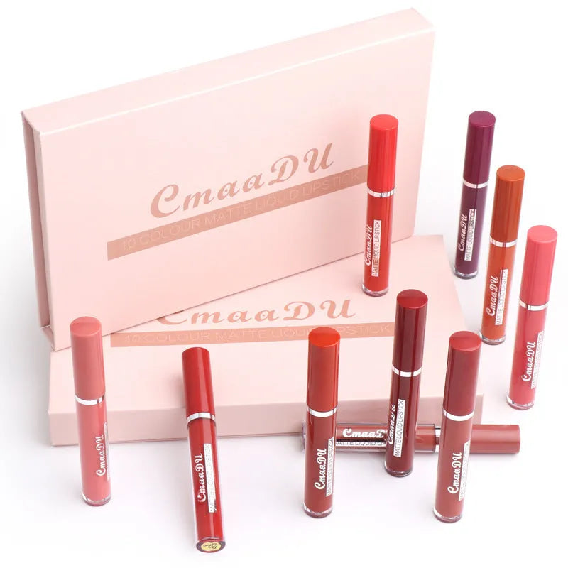 Pack of 10 women's matte lipsticks in photo colour with non-stick cup waterproof formula.