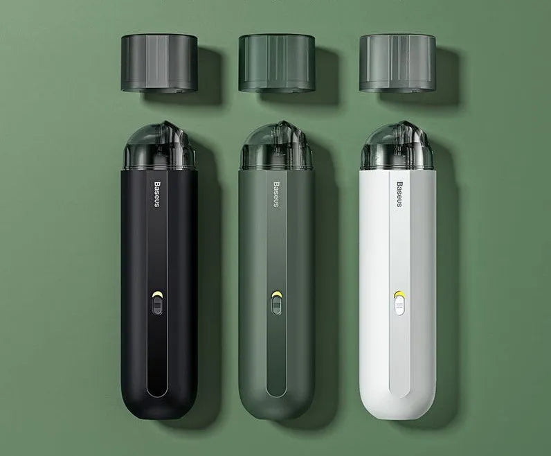 Baseus wireless handheld car vacuum cleaner in black, white, or green with blowing hose attachment.
