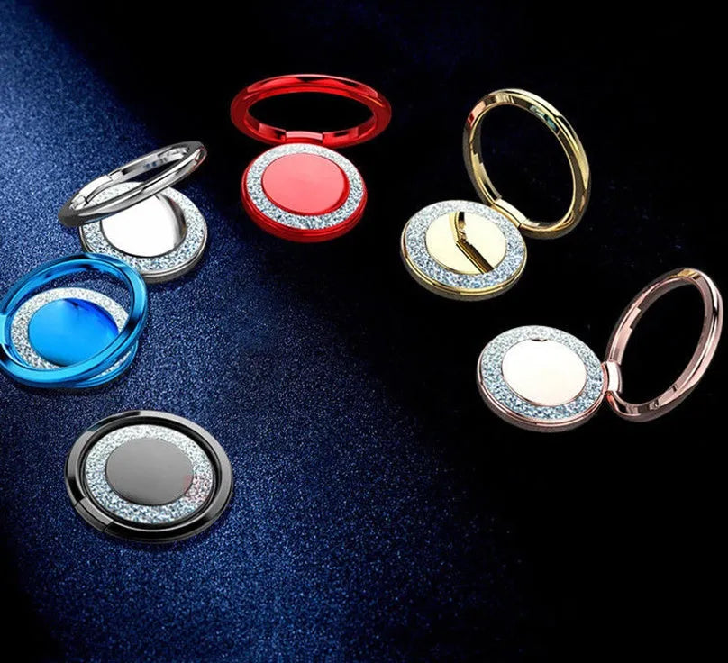 Bling glitter plating metal phone ring holder shown in gold colour, demonstrating 360° rotation on a smartphone.