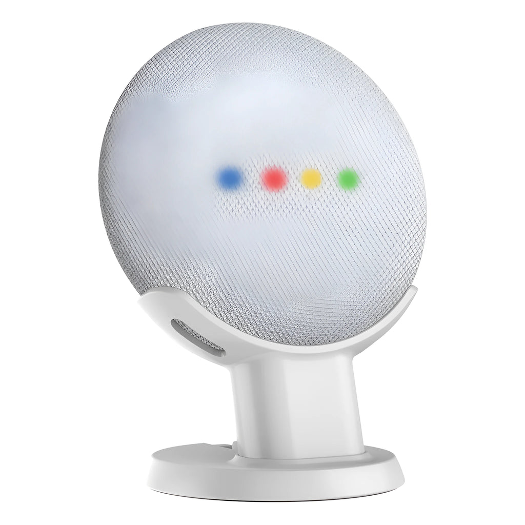 Black PlusAcc Google Home Mini stand with plug-in base on a table.