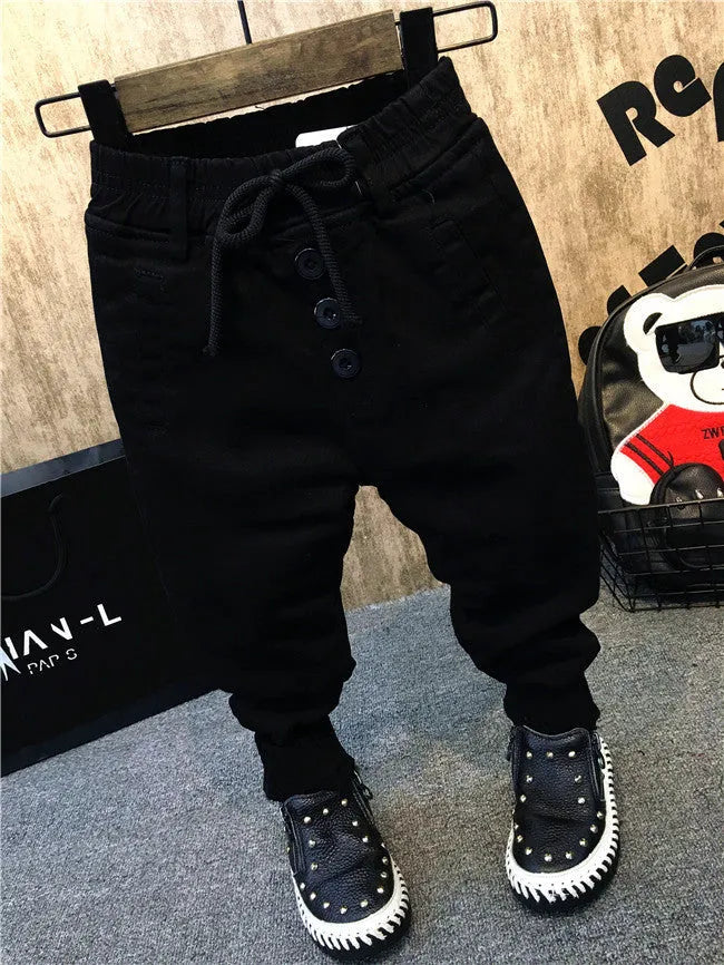 Boys black thickening plus velvet jeans children's cotton winter trousers size 90-130cm