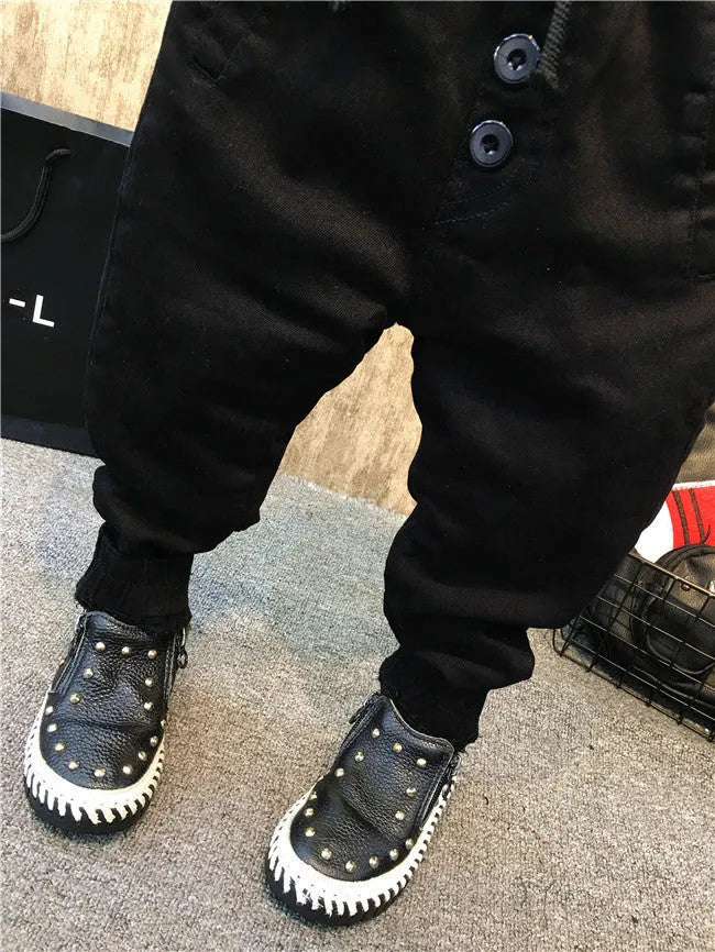 Boys black thickening plus velvet jeans children's cotton winter trousers size 90-130cm