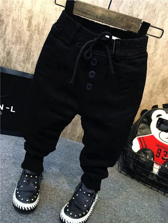 Boys black thickening plus velvet jeans children's cotton winter trousers size 90-130cm