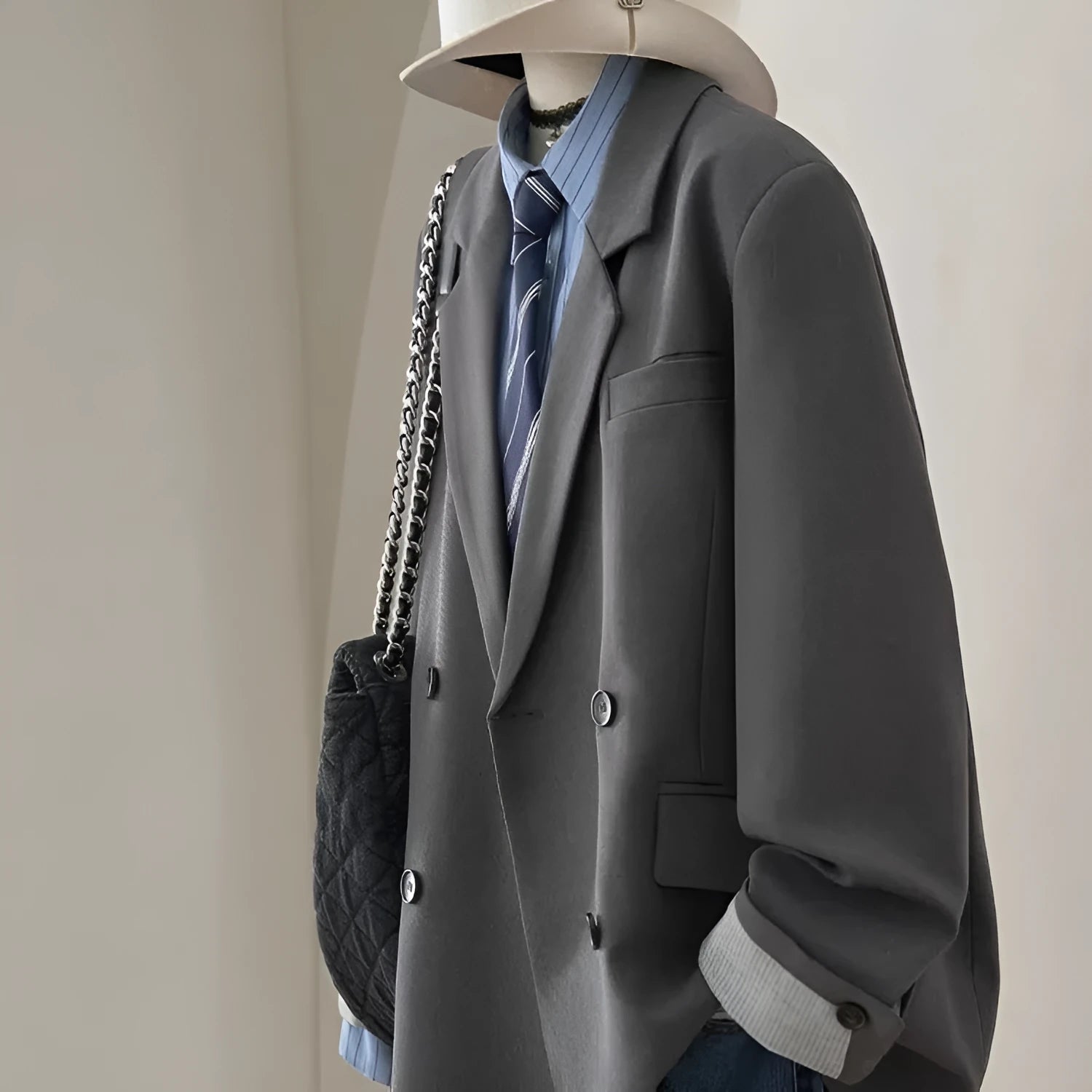 Casual loose slimming retro jacket with pockets in gray, made from polyester, front view