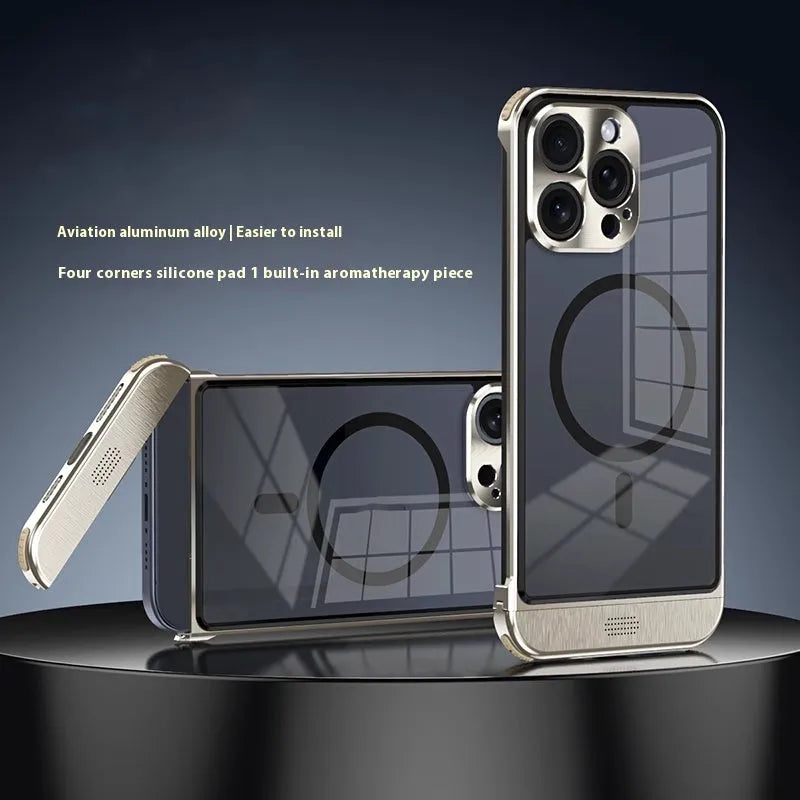 Metal frame iPhone case with magnetic ring holder in Black, Dark Purple, Sea Blue, or Silver for iPhone 12 to 15 Pro Max
