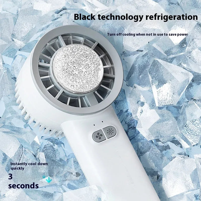 White handheld portable fan with turbo jet airflow and ice-cooling function