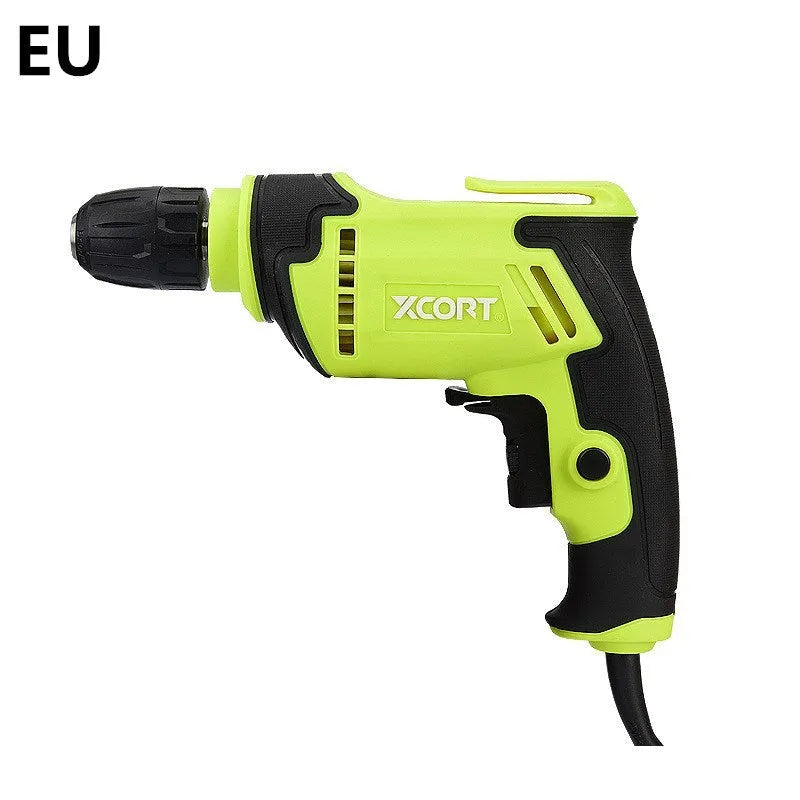 450W pistol-grip electric drill with keyed chuck on a workbench.