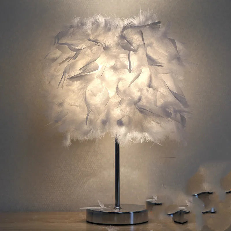 Feather bedside night light with fur shade and push button switch in pink colour option