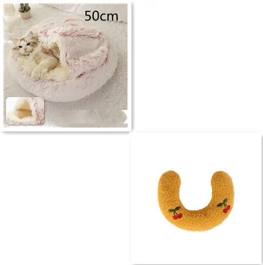 2 in 1 round plush pet bed with PP cotton filling for dogs and cats, available in brown, 65cm size
