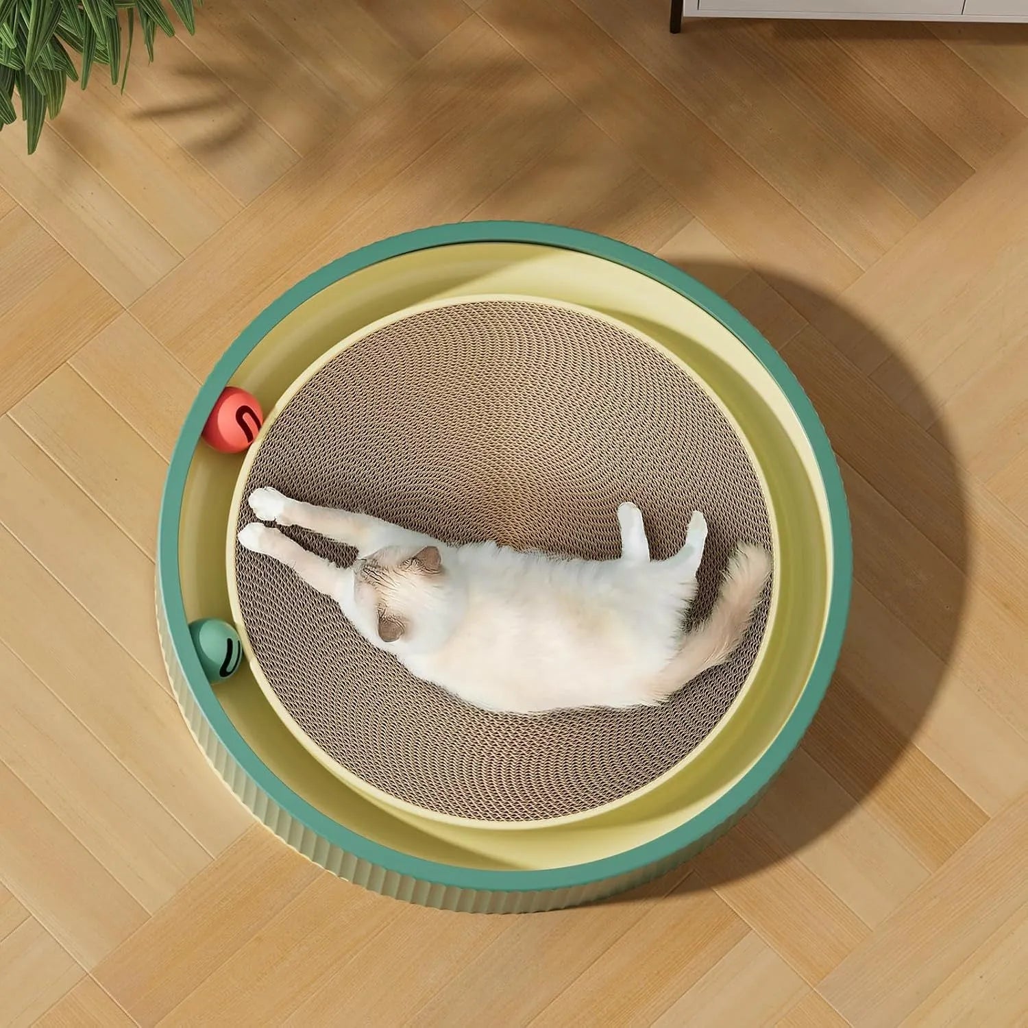 Large green cat scratching board with moving balls and spring plush toy, 45cm diameter