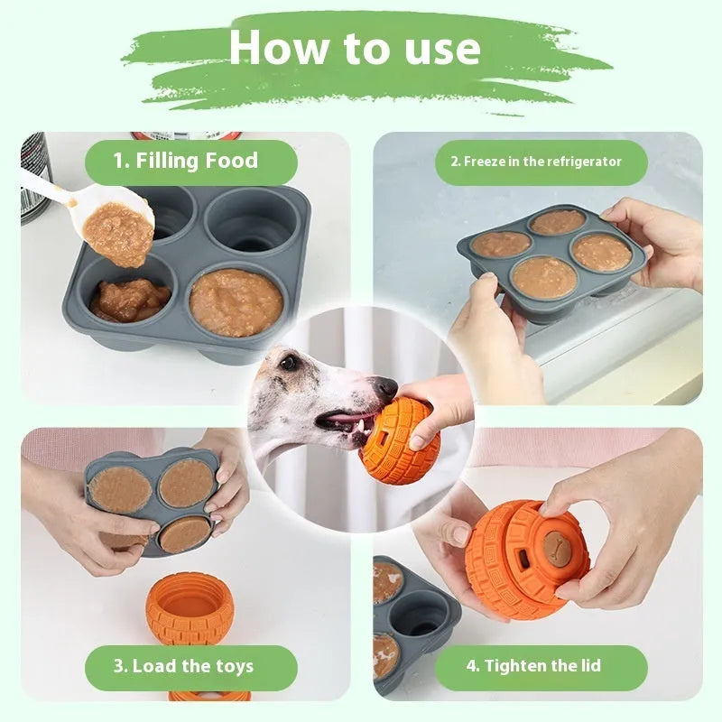 Green natural rubber food dropping ball dog toy for treat dispensing on a white background.