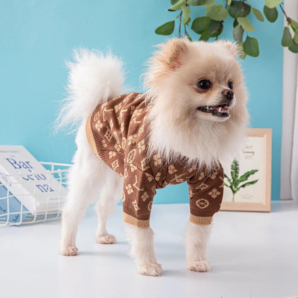 A thick knitted wool dog sweater shown in a two-tone colour, sized for a small breed.