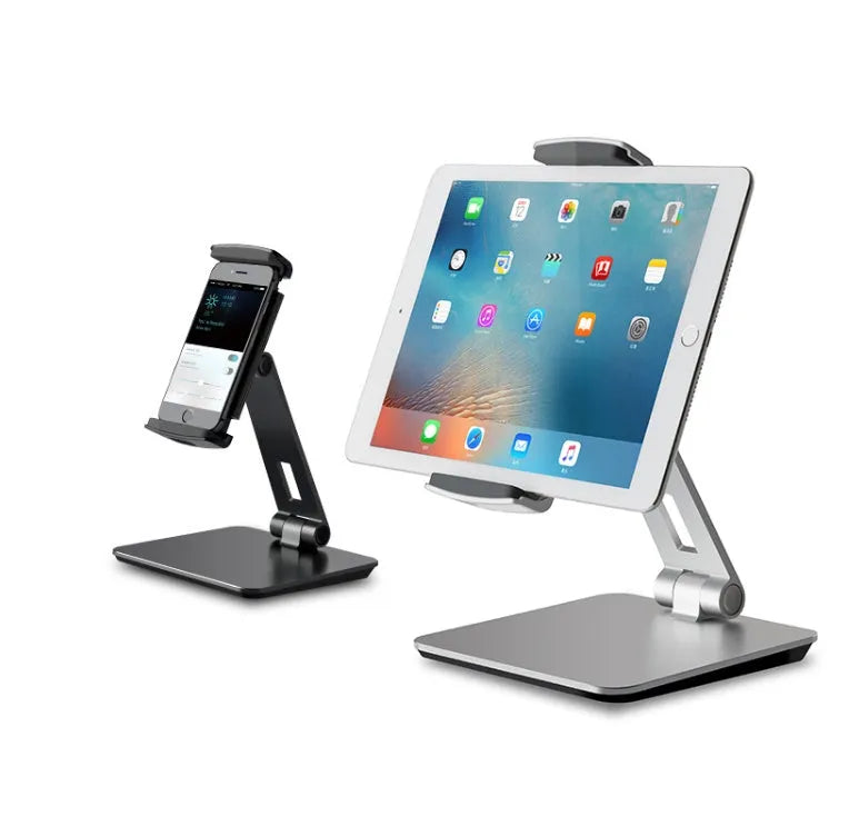 Foldable aluminium desktop phone and tablet stand with 360° rotation