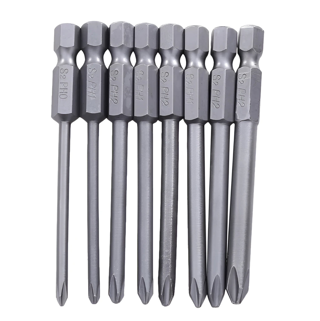 Eight magnetic Phillips screwdriver bits with 75mm length and S2 alloy steel construction