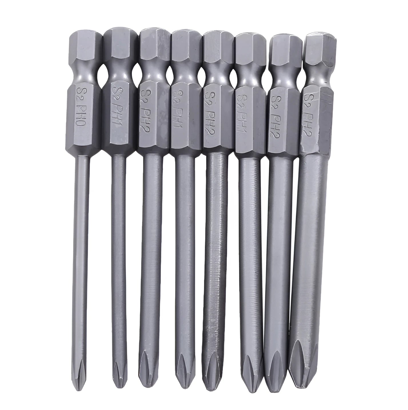 Eight magnetic Phillips screwdriver bits with 75mm length and S2 alloy steel construction