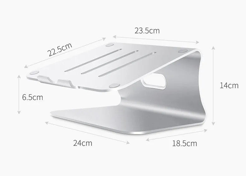 Aluminium alloy notebook cooling stand in silver or grey with rotary adjustment.