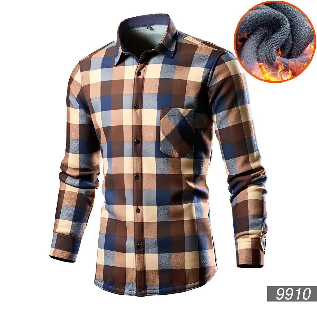 Man wearing a solid-colour fleece-lined cotton blend cardigan shirt in a loose fit.