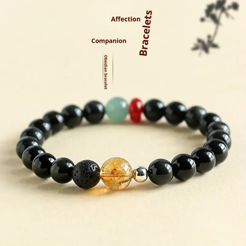 Chinese-style obsidian yellow tower crystal agate jade couple bracelet with 8mm or 10mm bead options