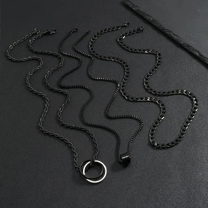 Black titanium steel necklace with cylindrical ring buckle pendant and regular chain