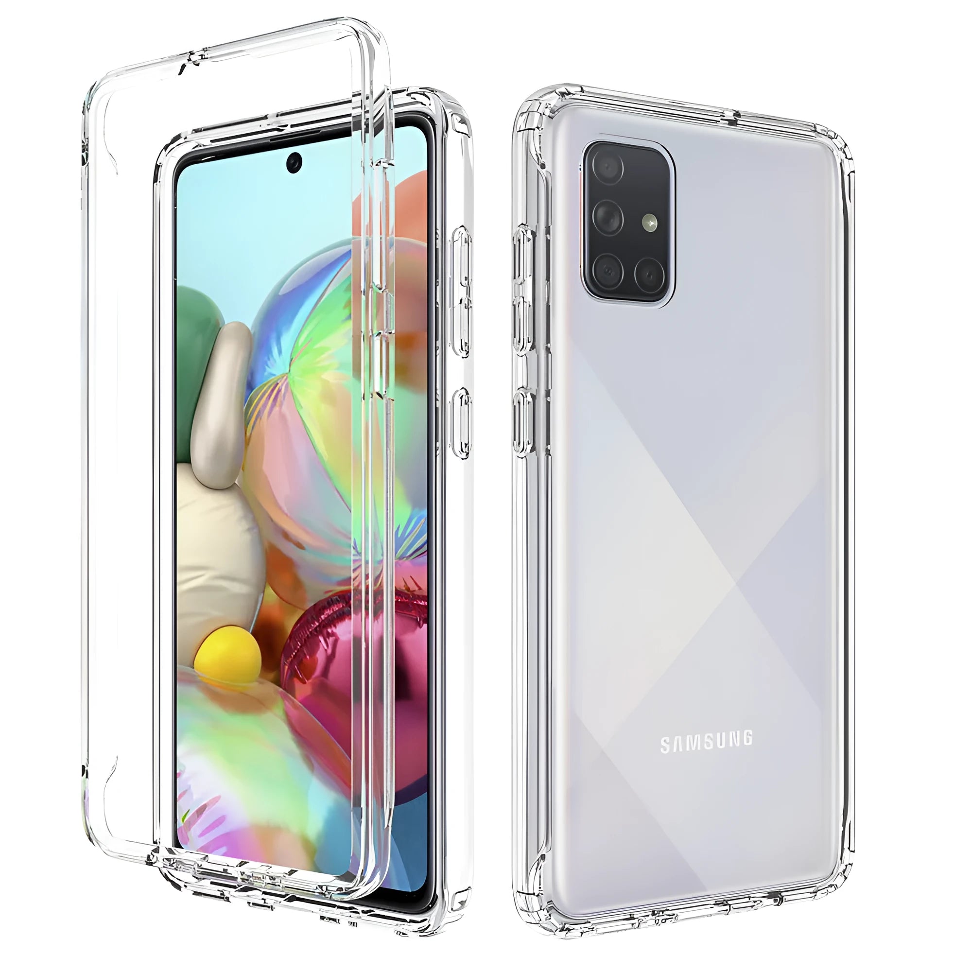 Transparent Samsung Galaxy phone case showing front and back views on a phone.