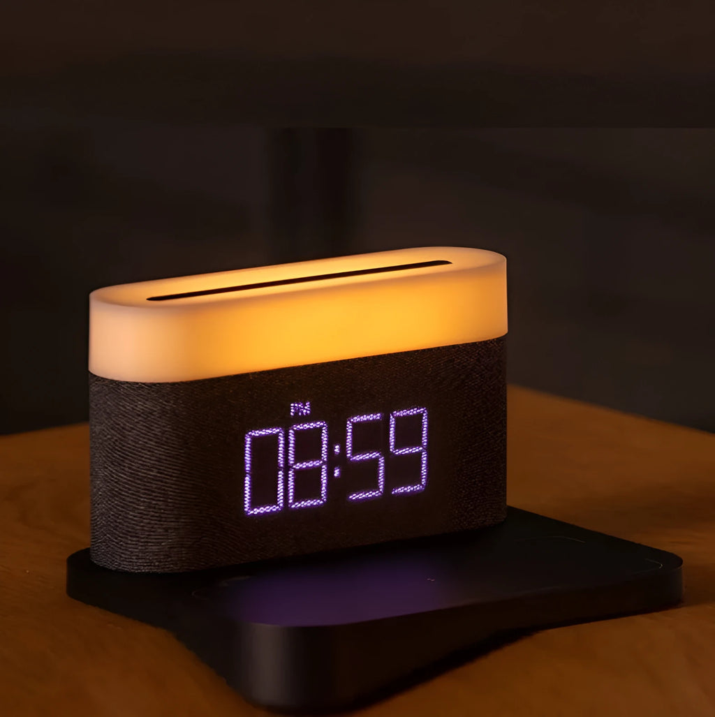 Black or white table lamp with integrated wireless phone charger, LED clock display, and nightlight functions