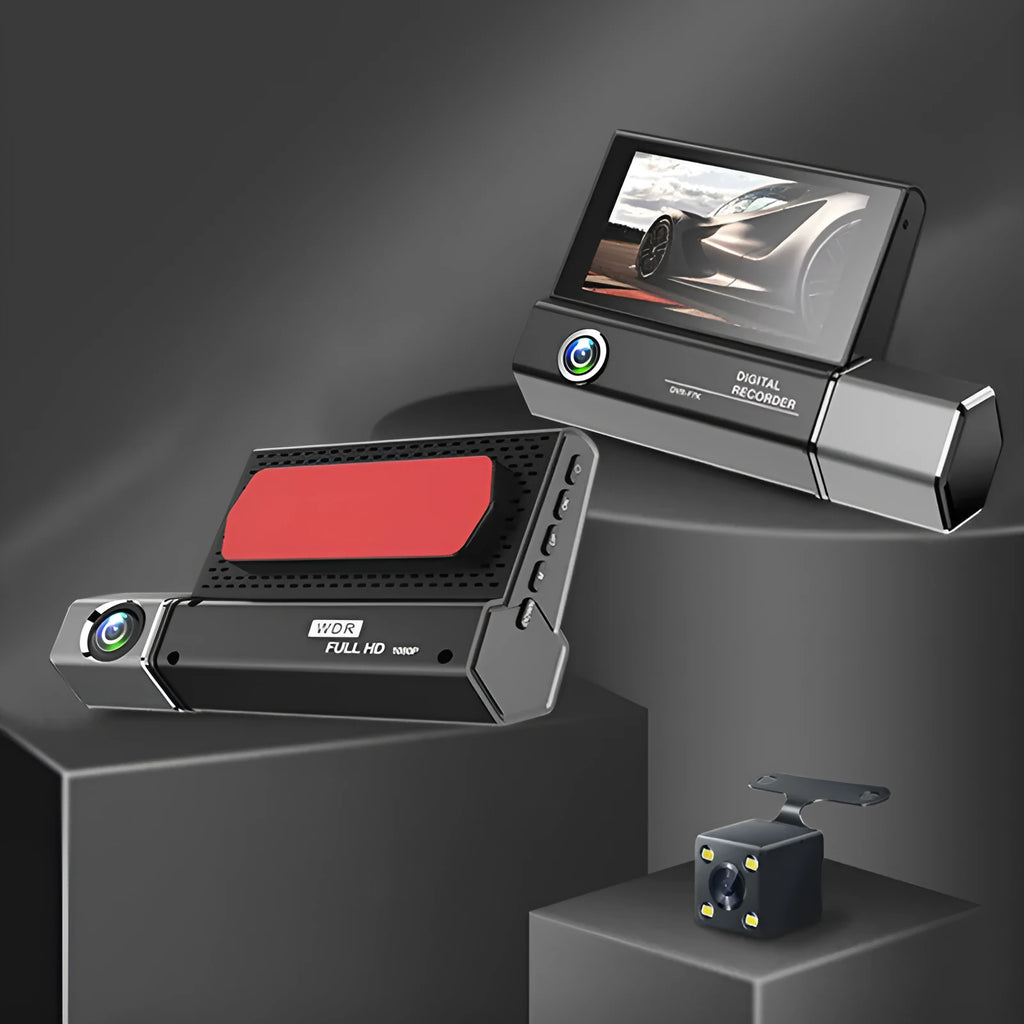 Black three-lens car camera tachograph with 1080P HD recording and 170° wide angle
