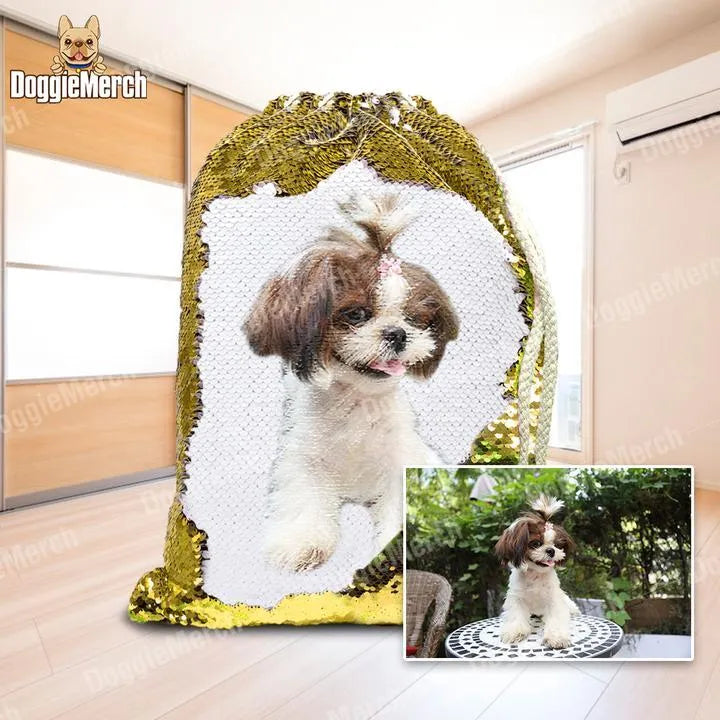 Custom purple sequins backpack with a printed dog photo, showing drawstring opening.