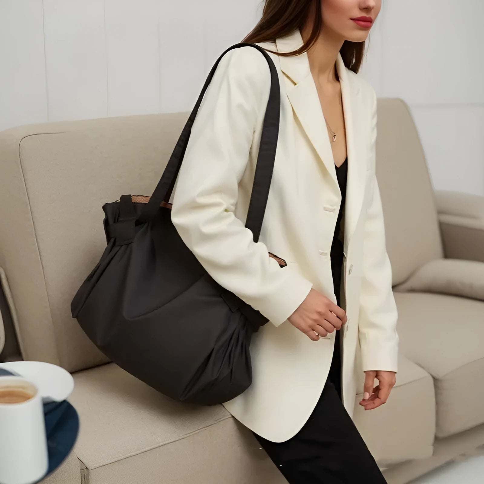 Women's Oxford cloth shoulder crossbody bag in black or light brown with large capacity storage
