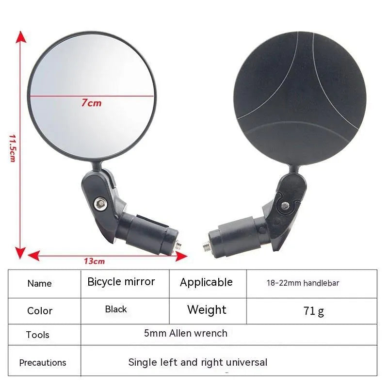 Black foldable convex rearview mirror showing the 7cm reflector and adjustable stem on a plain background.