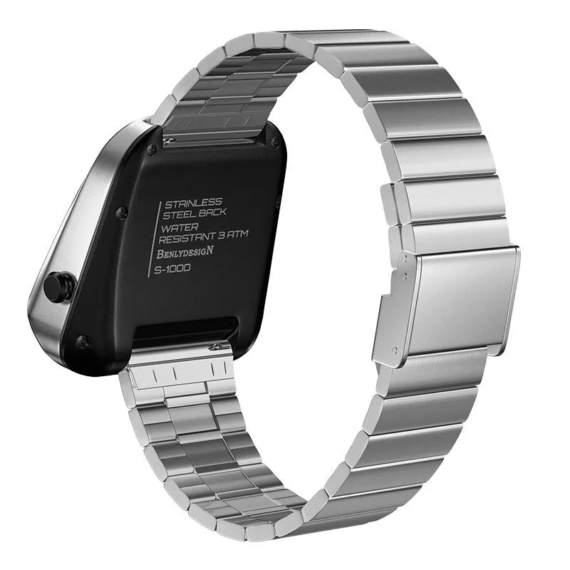 Multifunction electronic digital watch with black stainless steel strap, zinc alloy case, and OLED display.