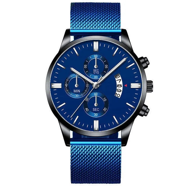 Men's stainless steel quartz watch with mesh band in a two-tone colour option on a wrist.