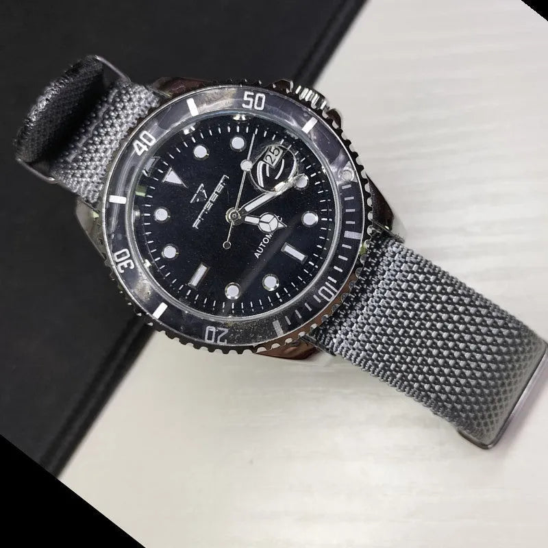 Nylon integrated replacement watch strap in five colours: black, grey, blue, khaki, and green.